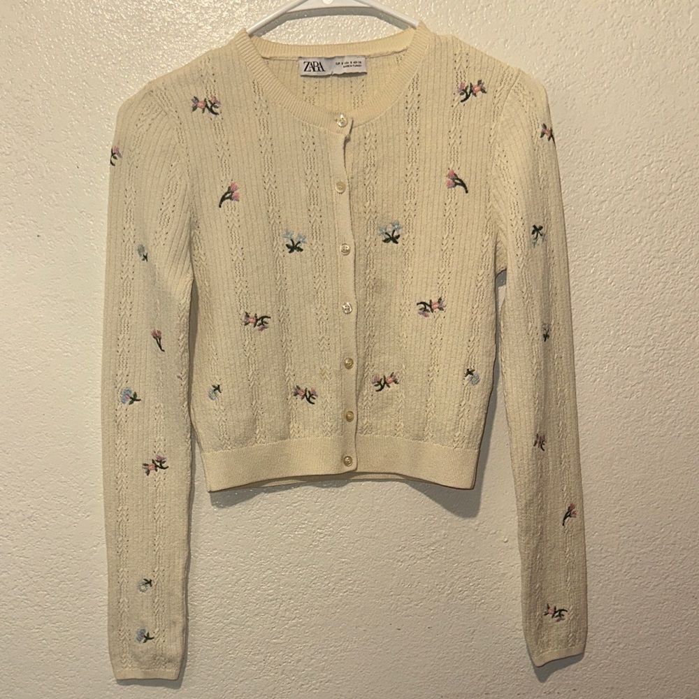 Zara Cream Floral Embroidered Cardigan